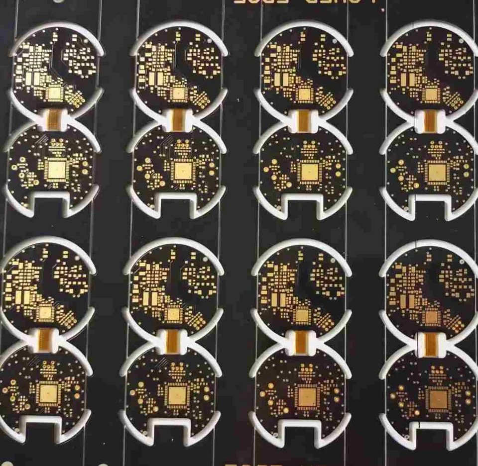 Panel of physical rigid-flex circuit boards with gold component lands